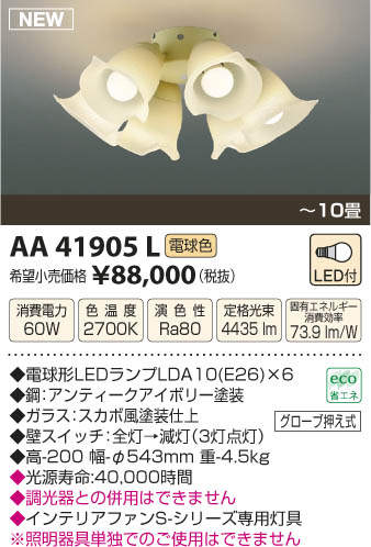 AA41905L / AA41905L(N),6灯灯具単体 KOIZUMI(コイズミ)製シーリングファン オプション単体【生産終了品】