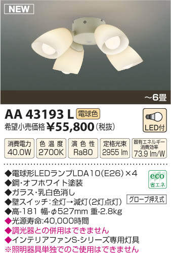 AA43193L / AA43193L(N),4灯灯具単体 KOIZUMI(コイズミ)製シーリングファン オプション単体