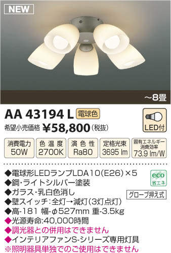AA43194L / AA43194L(N),5灯灯具単体 KOIZUMI(コイズミ)製シーリングファン オプション単体