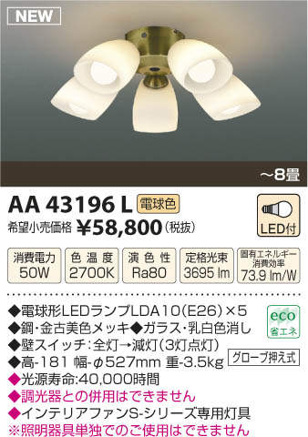 AA43196L / AA43196L(N),5灯灯具単体 KOIZUMI(コイズミ)製シーリングファン オプション単体