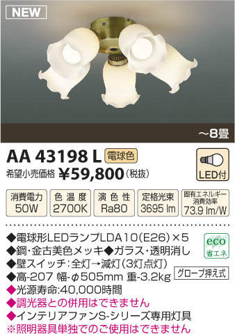 AA43198L / AA43198L(N),5灯灯具単体 KOIZUMI(コイズミ)製シーリングファン オプション単体【生産終了品】