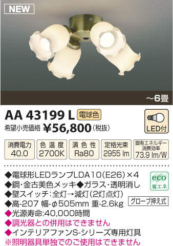 AA43199L / AA43199L(N),4灯灯具単体 KOIZUMI(コイズミ)製シーリングファン オプション単体【生産終了品】