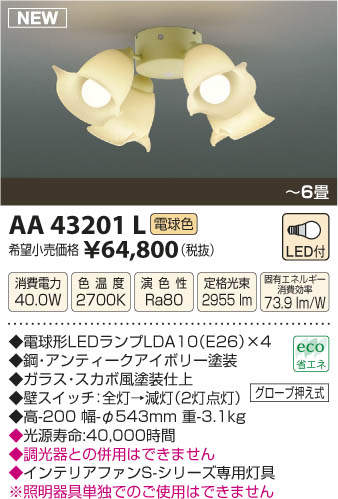 AA43201L / AA43201L(N),4灯灯具単体 KOIZUMI(コイズミ)製シーリングファン オプション単体【生産終了品】