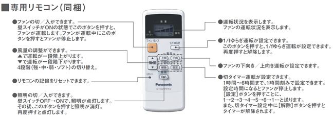 F-MG111Panasonic シーリングファン 付属 リモコン